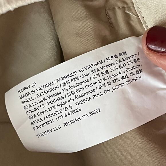 Theory Women's Treeca Good Linen Pull-On Straight Leg Pants Cream Size 2 - Picture 5 of 9